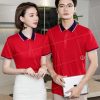 Mẫu áo thun đồng phục công ty màu đỏ tươi phối cổ tím than
