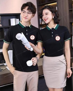 Đồng phục công ty màu đen phối cổ xanh DTC075
