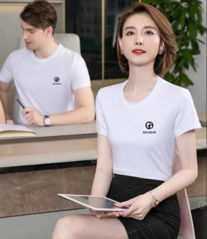 Đồng phục công ty cổ tròn màu trắng DTC065