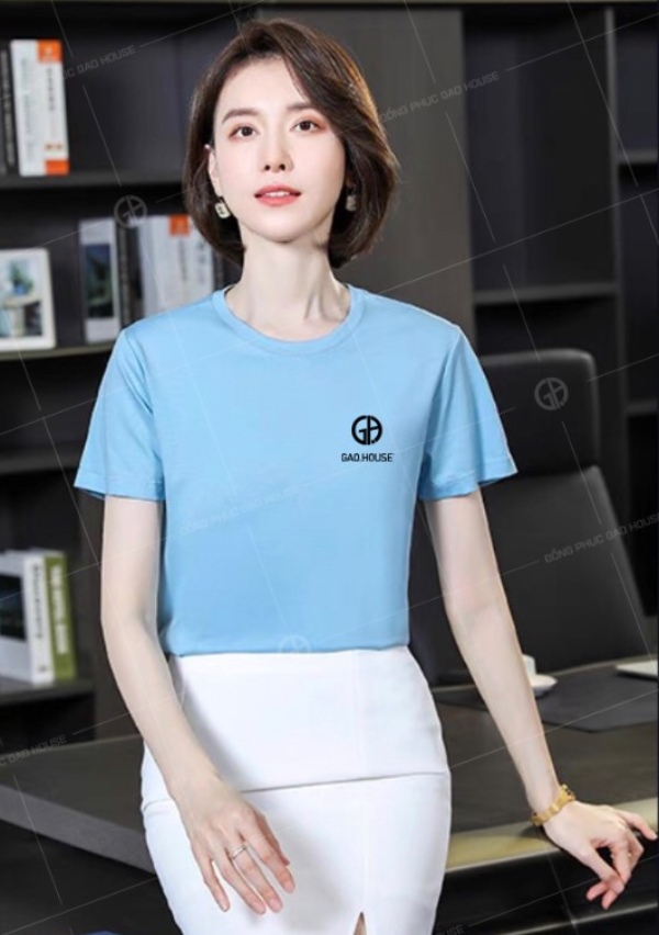 Mẫu áo đồng phục công ty cổ tròn màu xanh dương cotton 100% mềm mịn