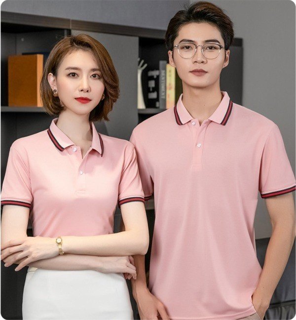 Mẫu áo phông đồng phục công ty màu hồng phối cổ đức sang trọng