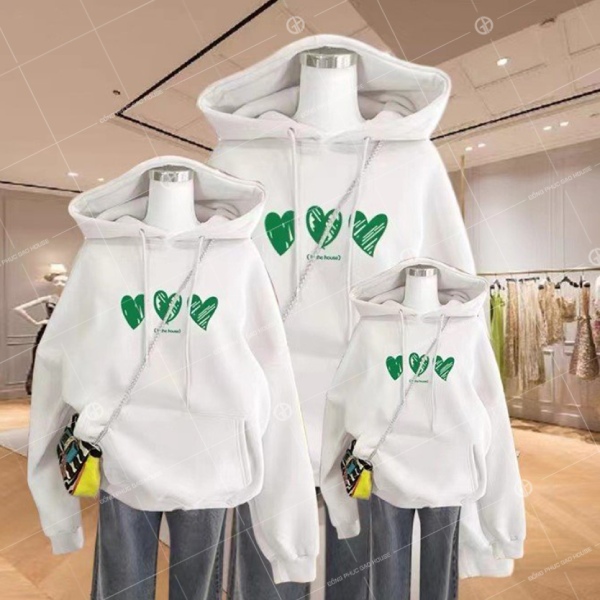 Áo hoodie gia đình mùa đông in hình trái tim xanh