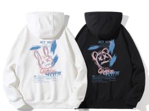 Áo hoodie nỉ bông mềm mịn dáng rộng đen : trắng