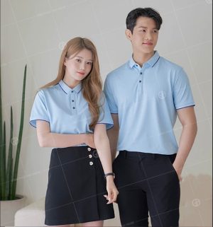 Áo đồng phục công ty màu xanh phối cổ lé xanh đen sang trọng