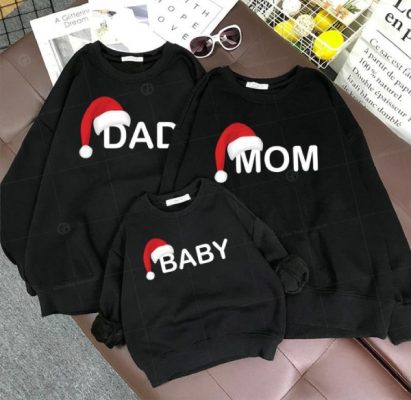 Áo gia đình màu đen Dad Mom Baby nỉ bông