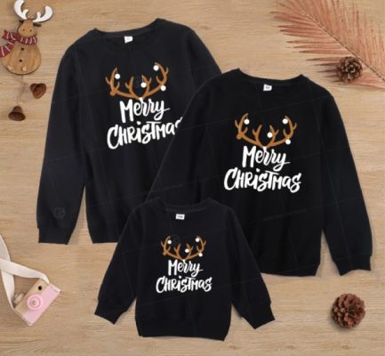 Áo đồng phục gia đình noel màu đen in hình Merry Christmas