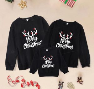 Đồng phục gia đình giáng sinh màu đen dài tay in hình Merry christmas