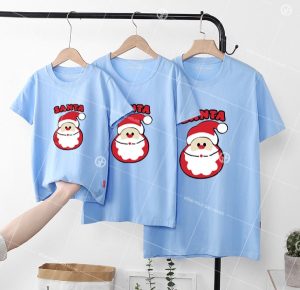 Áo gia đình Noel màu xanh dương in hình santa