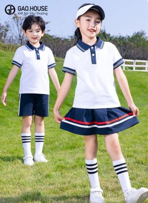 Mẫu áo đồng phục mầm non màu trắng cổ phối xanh than