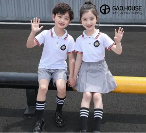 Set bộ đồng phục mầm non phối cổ bo dệt đen, đỏ