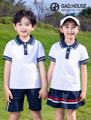 Mẫu áo đồng phục mầm non màu trắng cổ phối xanh than