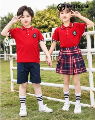 Áo polo đồng phục mầm non màu đỏ cổ phối trắng