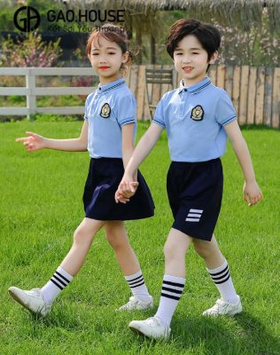 Áo đồng phục mầm non màu xanh dương cổ bo dệt
