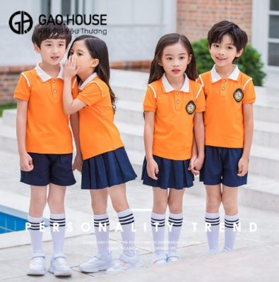 Áo đồng phục mầm non có cổ màu cam phối cổ bo dệt