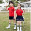 Áo đồng phục mầm non màu đỏ phối cầu vai trắng