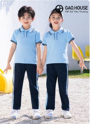 Đồng phục mầm non cổ bẻ màu xanh da trời