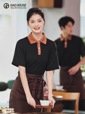 Đồng phục nhà hàng thiết kế màu đen cổ line nâu
