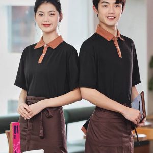 Đồng phục nhà hàng thiết kế màu đen cổ line nâu
