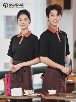 Đồng phục nhà hàng thiết kế màu đen cổ line nâu