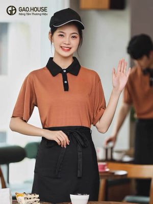 Áo đồng phục nhà hàng màu nâu line đen lịch sự