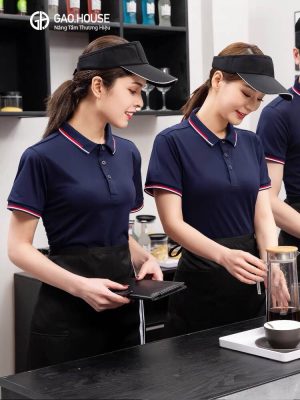 Áo thun đồng phục nhà hàng có cổ màu xanh tím than