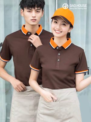 Áo đồng phục nhà hàng đẹp màu nâu phối cổ dệt