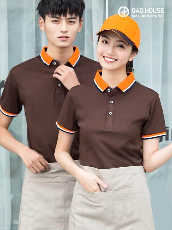 Áo đồng phục nhà hàng đẹp màu nâu phối cổ dệt