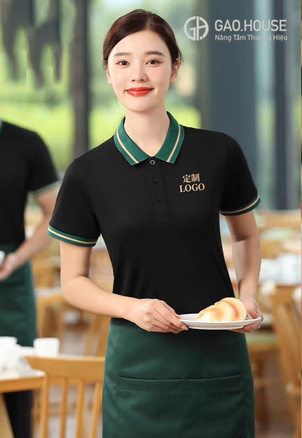 Áo đồng phục nhà hàng màu đen có cổ phối xanh lá cây