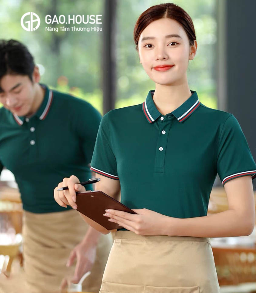Áo đồng phục nhà hàng màu xanh lá cây line nhị sắc