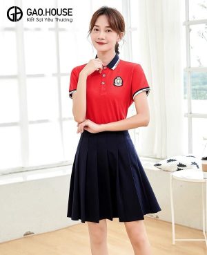 Đồng phục mầm non màu đỏ tươi cổ phối bo dệt tối màu
