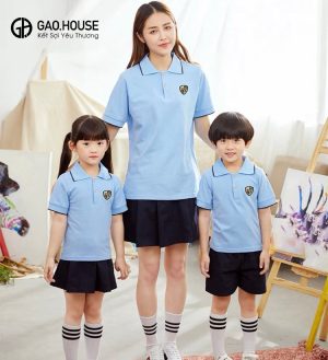 Đồng phục học sinh mẫu giáo màu xanh dương có cổ line đen