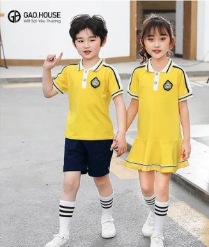 Áo váy đồng phục mầm non màu vàng có cổ