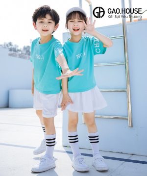 Áo đồng phục mầm non cổ tròn màu xanh E