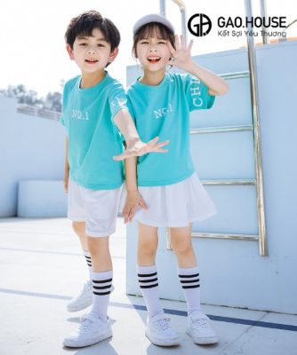 Áo đồng phục mầm non cổ tròn màu xanh E