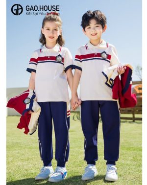 Áo polo đồng phục mầm non màu kem phối đỏ, đen