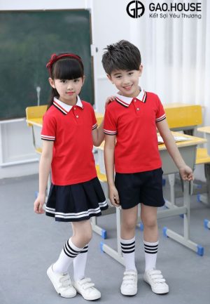 Đồng phục mầm non màu đỏ tươi line nhị sắc
