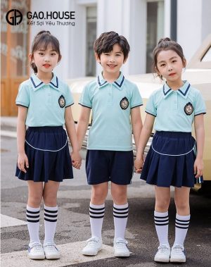Áo polo đồng phục mầm non màu xanh cổ lé xanh than