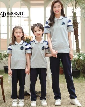 Đồng phục mẫu giáo màu xanh thiên thanh mix cầu vai xanh than
