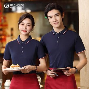 Đồng phục nhà hàng thiết kế màu tím than line đỏ