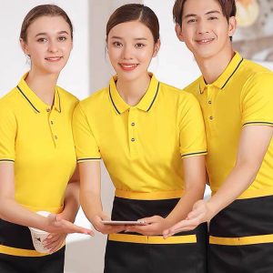 Áo đồng phục nhà hàng màu vàng line trắng và đen