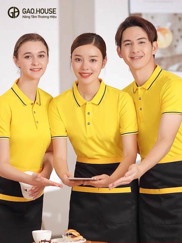 Áo đồng phục nhà hàng màu vàng line trắng và đen