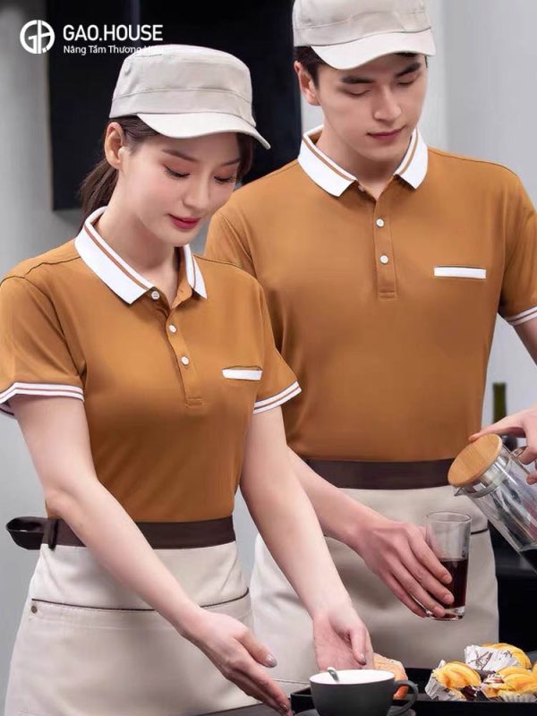 Áo đồng phục nhà hàng màu nâu Cafe line trắng