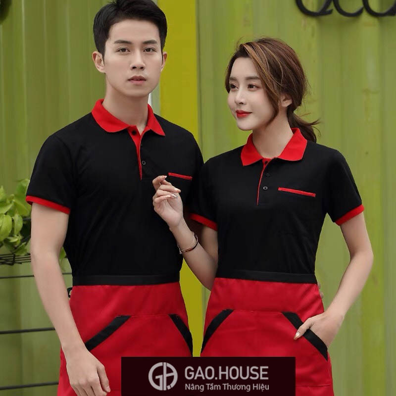 Mẫu áo đồng phục nhà hàng màu đen phối đỏ chỉn chu