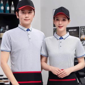 Đồng phục nhà hàng màu kem cổ phối xanh dương