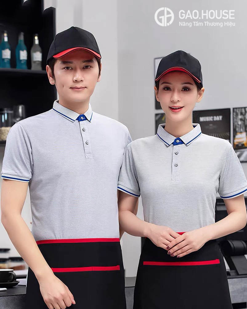 Đồng phục nhà hàng màu kem cổ phối xanh dương