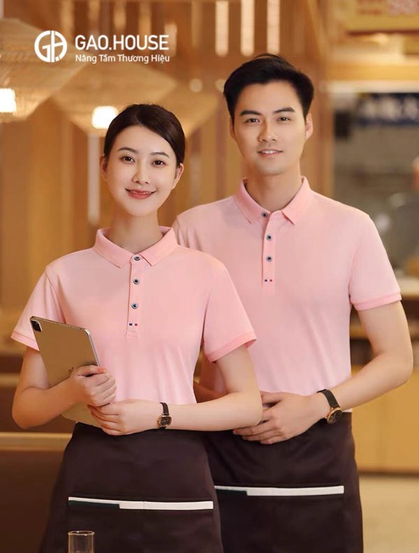 Áo đồng phục nhà hàng màu hồng trơn màu