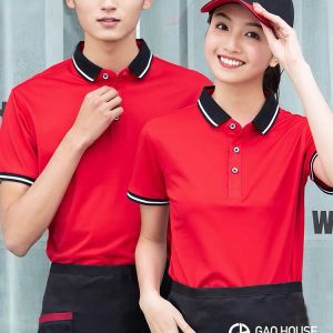 Đồng phục nhà hàng màu đỏ cổ phối trắng đen