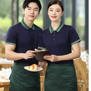Áo đồng phục nhà hàng màu xanh than cổ phối xanh lá