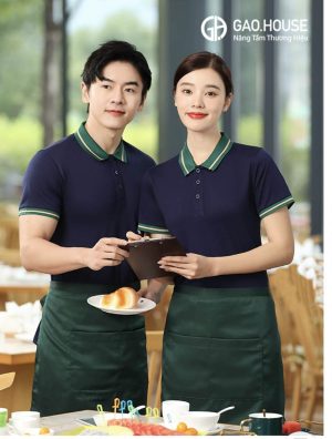 Áo đồng phục nhà hàng màu xanh than cổ phối xanh lá