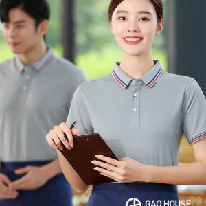Áo đồng phục nhà hàng màu xám cổ phối tam sắc